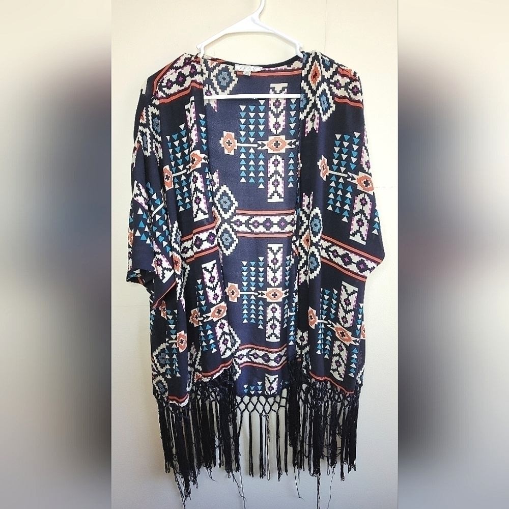 TCEC‎ Western Aztec  Boho Fringe Open Front Duster, Size Large.